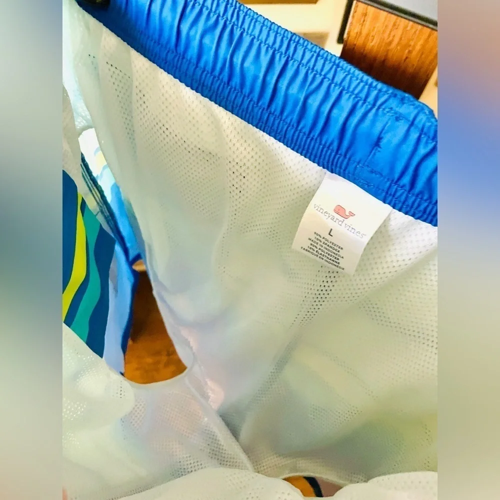 Vineyard Vines premium swim trunks pickets 6.5” inseam SZ L blue turquoise